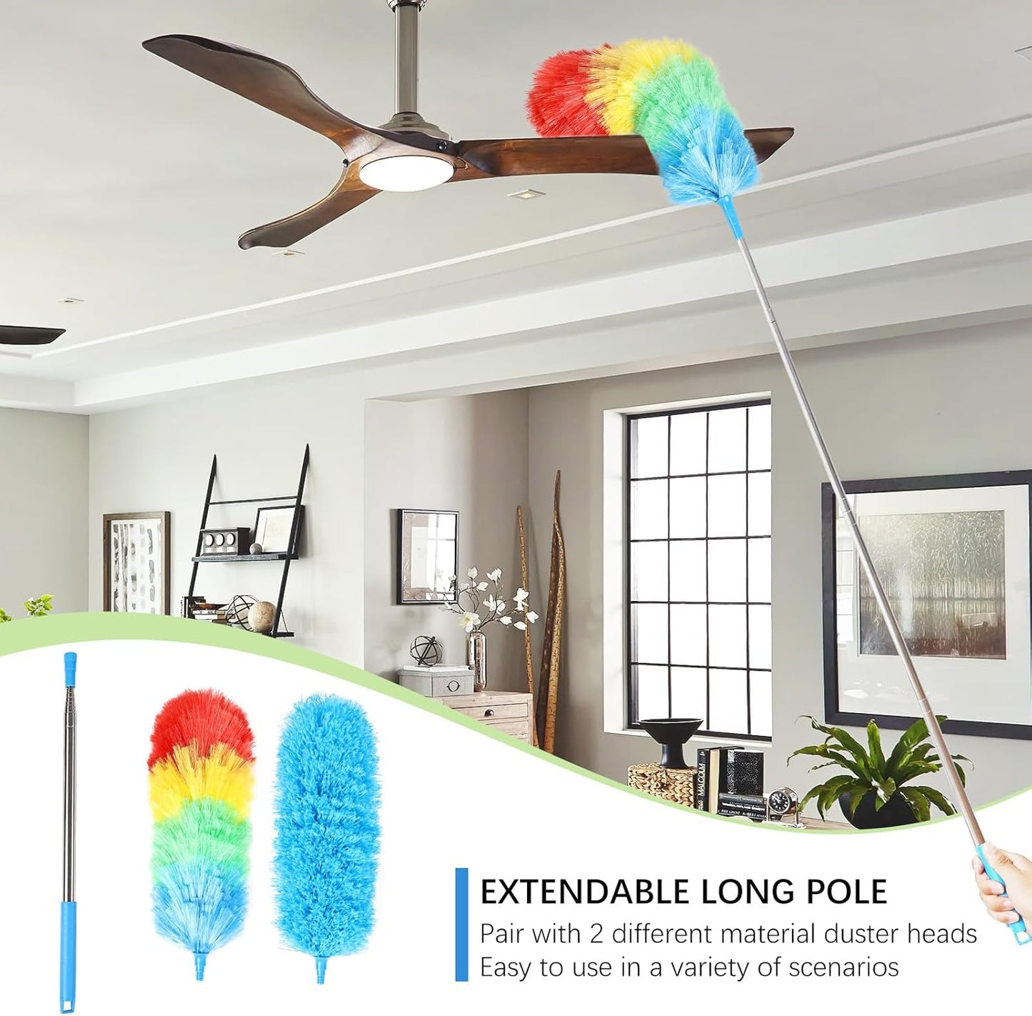 4PCS Microfiber Duster Kit, 3 in 1 Microfiber Dusters Retractable Gap Dust Cleaner and Chenille Duster with 83 inches Extra Long Extension Pole for Cleaning Ceiling Fan, High Ceiling