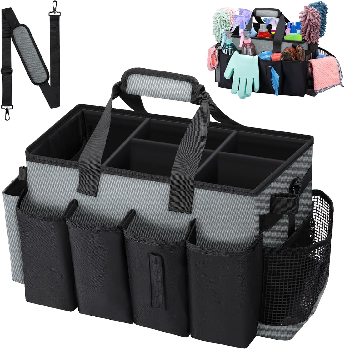 Wearable Large Cleaning Caddy Bag for Housekeepers (Black&Gray) | Cleaning Supplies Organizer with Adjustable Shoulder, Waist & Handle Straps, Detailing Bag for Kitchen Supplies