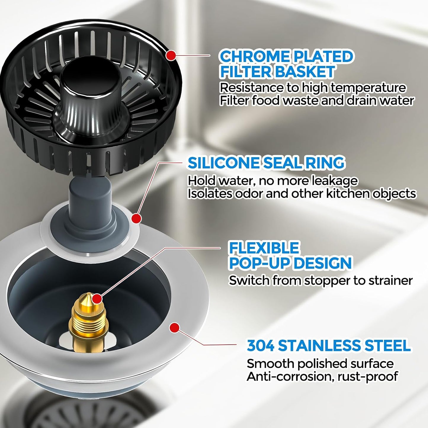 3 in 1 Kitchen Sink Drain Strainer Stopper Removable Basket Pop-Up | Kitchen Sink Food Strainer 1 Pack Silver Stainless - Food Catcher, Odor-Block Seal, Fits 3.5" Drain, Easy Clean