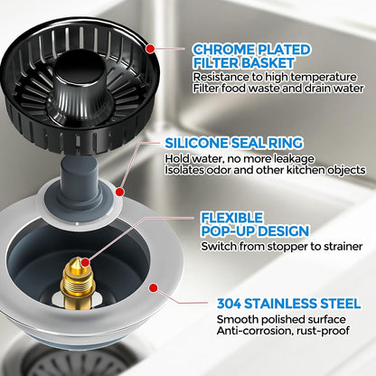 3 in 1 Kitchen Sink Drain Strainer Stopper Removable Basket Pop-Up | Kitchen Sink Food Strainer 1 Pack Silver Stainless - Food Catcher, Odor-Block Seal, Fits 3.5" Drain, Easy Clean