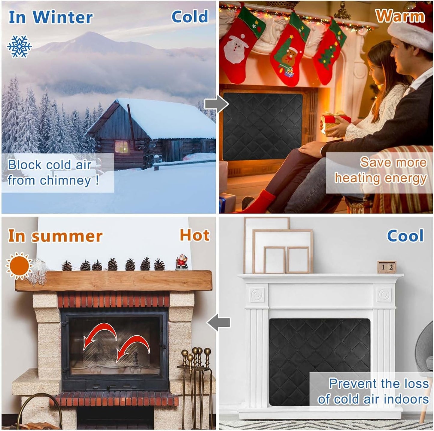 Magnetic Fireplace Cover Blanket Draft Stopper 45*34in Brick Fireplace Screen Insulation Cover Chimney Cold Air Blocker with Strong Magnet Hook-and-Loop Fasteners for Winter Iron Frame Stops Heat Loss