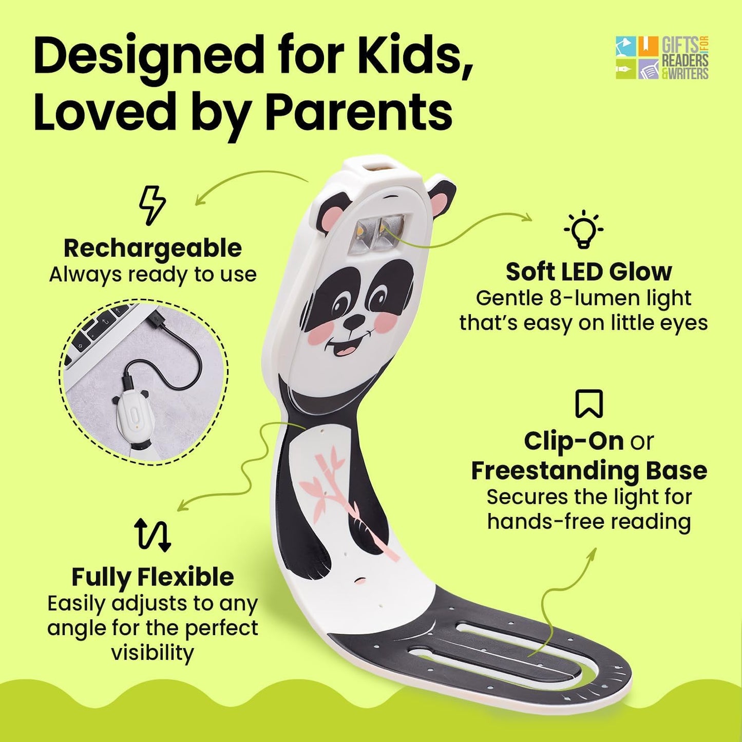 Gifts for Readers & Writers Rechargeable Book Light for Kids, Clip On Reading Light for Bed, 2in1 Flexilight Pals & Bookmark, 12 Hours of Light Once Charged, Includes USB Cable & 2 LED Lights, Dog