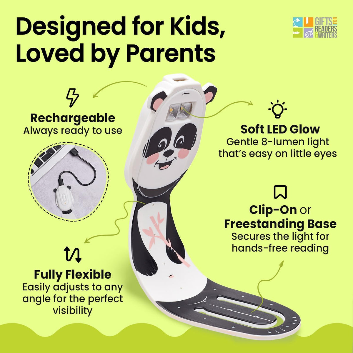 Gifts for Readers & Writers Rechargeable Book Light for Kids, Clip On Reading Light for Bed, 2in1 Flexilight Pals & Bookmark, 12 Hours of Light Once Charged, Includes USB Cable & 2 LED Lights, Dog