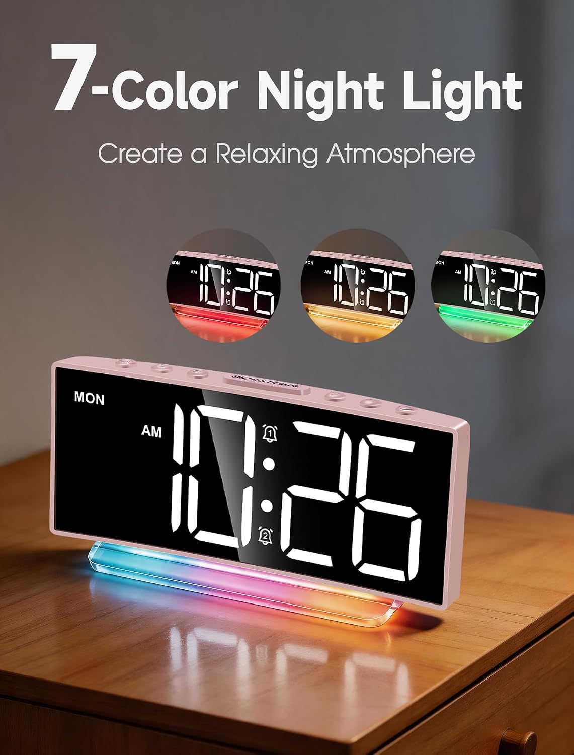 Cadmos Digital Alarm Clock - Extra Loud for Heavy Sleepers Adults Teens Kids, Rainbow Bedside Clock for Bedrooms, Large Display, 7 Color Night Light, Weekday & Weekend, 12/24h (Black+Dynamic)