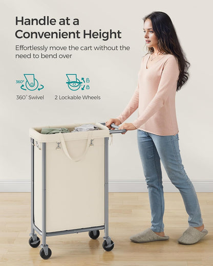 SONGMICS Laundry Basket with Wheels, 4-Section Rolling Laundry Hamper, 68.6 Gallons (260 L), Removable Liner, Steel Frame with Handle, 43.3 x 15.4 x 31.9 Inches, Cream White URLS014W01