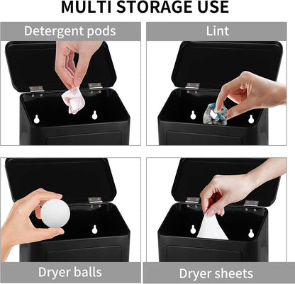 Magnetic Lint Bin for Laundry Room, Metal Lint Trash Can with Lid and Brush, Wall Mounted Lint Box for Dryer, Farmhouse Laundry Room Decor, Black