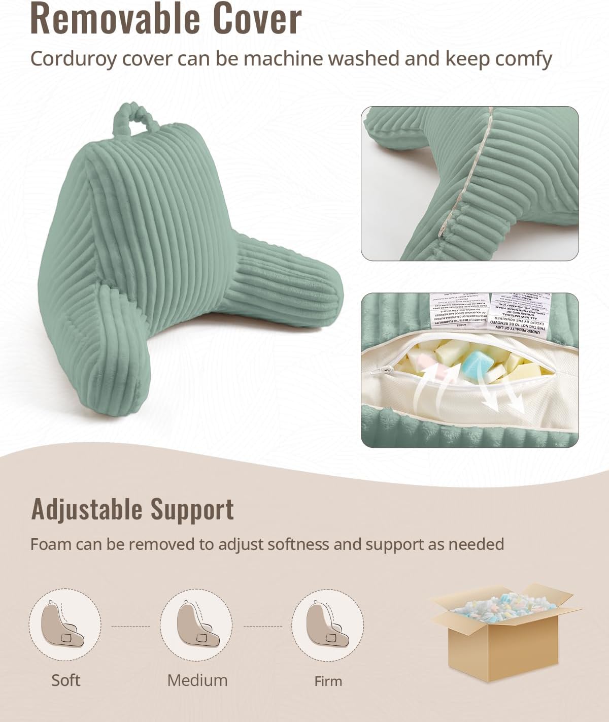 Blissful Diary Reading Pillow, Backrest Pillow with Shredded Memory Foam for Adult & Children, Designed for Bed and Couch Sitting Up, Includes Arms, Pockets and Washable Cover, Off White