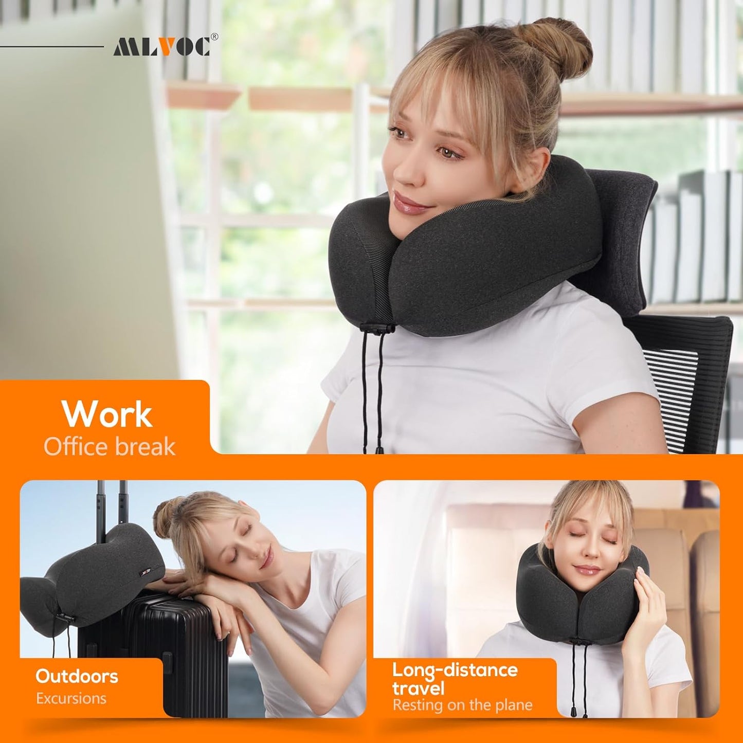 MLVOC Airplane Travel Neck Pillow for Sleeping, 3D-Eye Mask & Earplugs Kit | Curved Neck & Chin Support, Rope Lock Fit, Memory Foam Keeps It’s Shape, 3-in-1 Ki Includes: Eye Mask + Earplugs