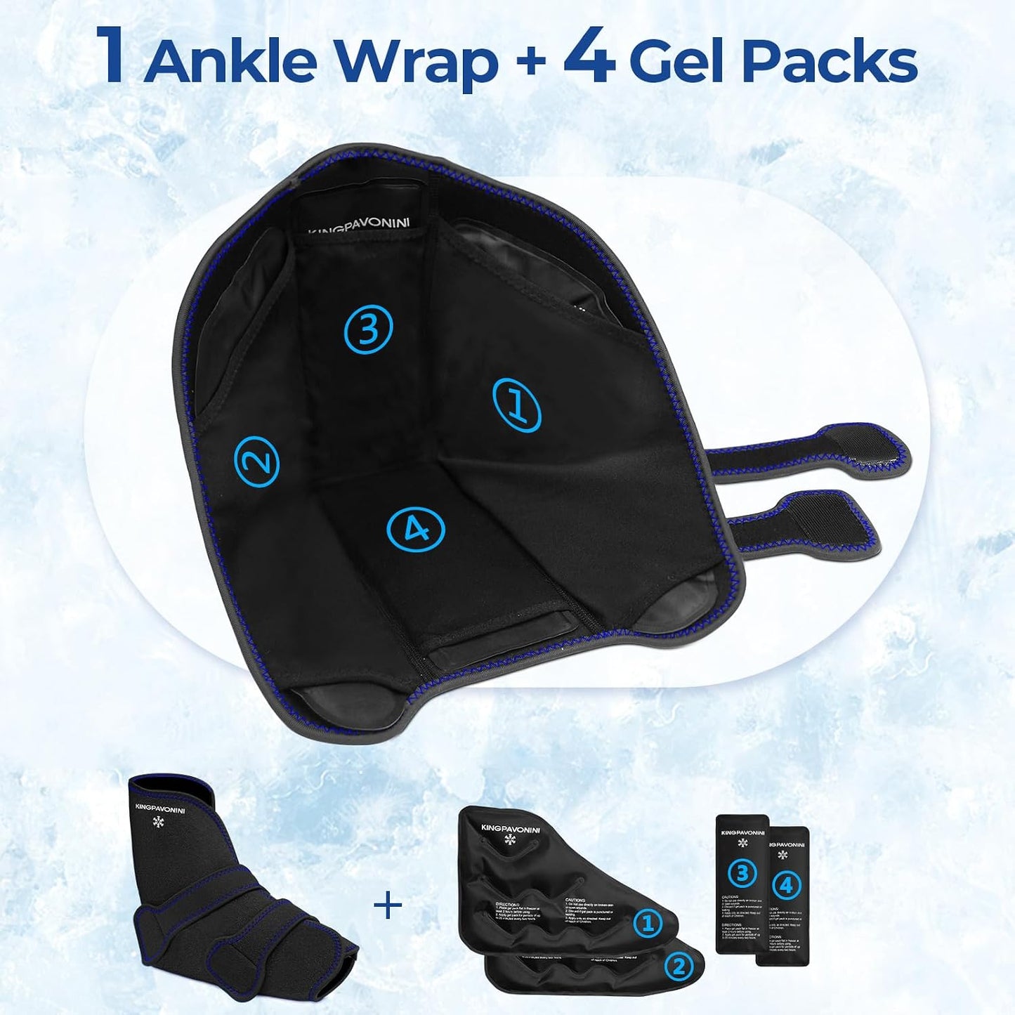 KingPavonini Ankle Foot Ice Pack Wrap, XL, Blue, 1 Wrap + 4 Gel Packs | 30-Min Long-Lasting & Leakproof, Full Coverage for Feet Pain Relief, Hot & Cold Therapy, Insertable Ice Packs, Easy-to-Wear