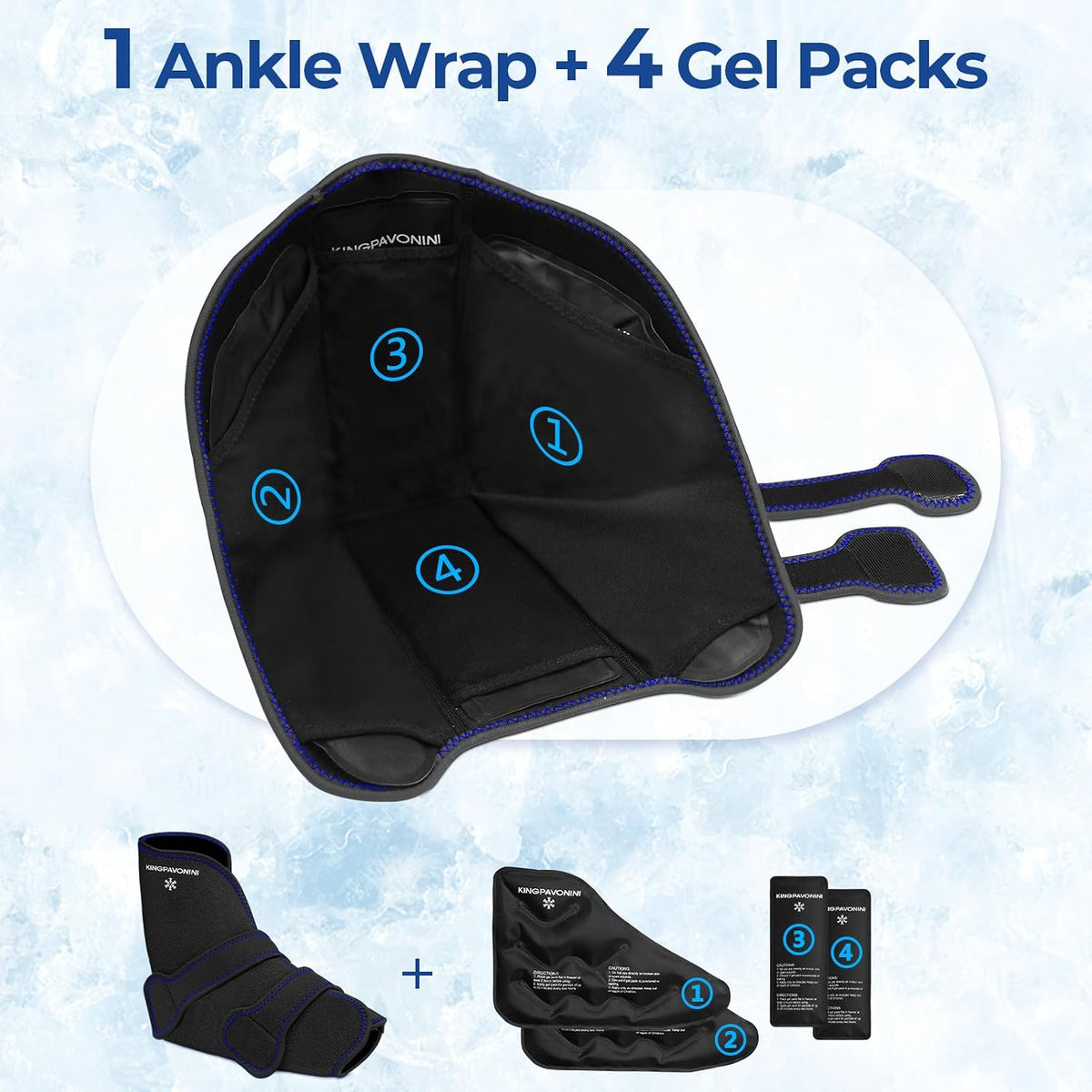 KingPavonini Ankle Foot Ice Pack Wrap, XL, Blue, 1 Wrap + 4 Gel Packs