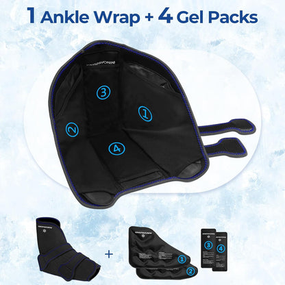 KingPavonini Ankle Foot Ice Pack Wrap, XL, Blue, 1 Wrap + 4 Gel Packs