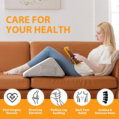 Ruqmuis Knee Pillow for Back Sleeping, 8” Knee Wedge Pillow to Elevate Knee, Leg Pillow for Back Pain Relief, Triangle Pillow, Leg Elevation Pillows for After Surgery, Blood Circulation, White/Grey