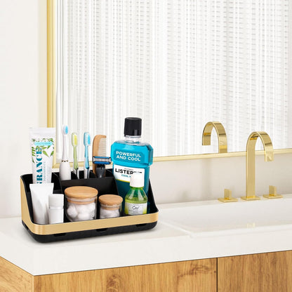 GFWARE Black Toothbrush Holder - 7 Slots Bathroom Organizer Countertop with Drainage Matte Black Electric Toothbrush and Toothpaste Holder for Bathroom Accessories Sink Storage