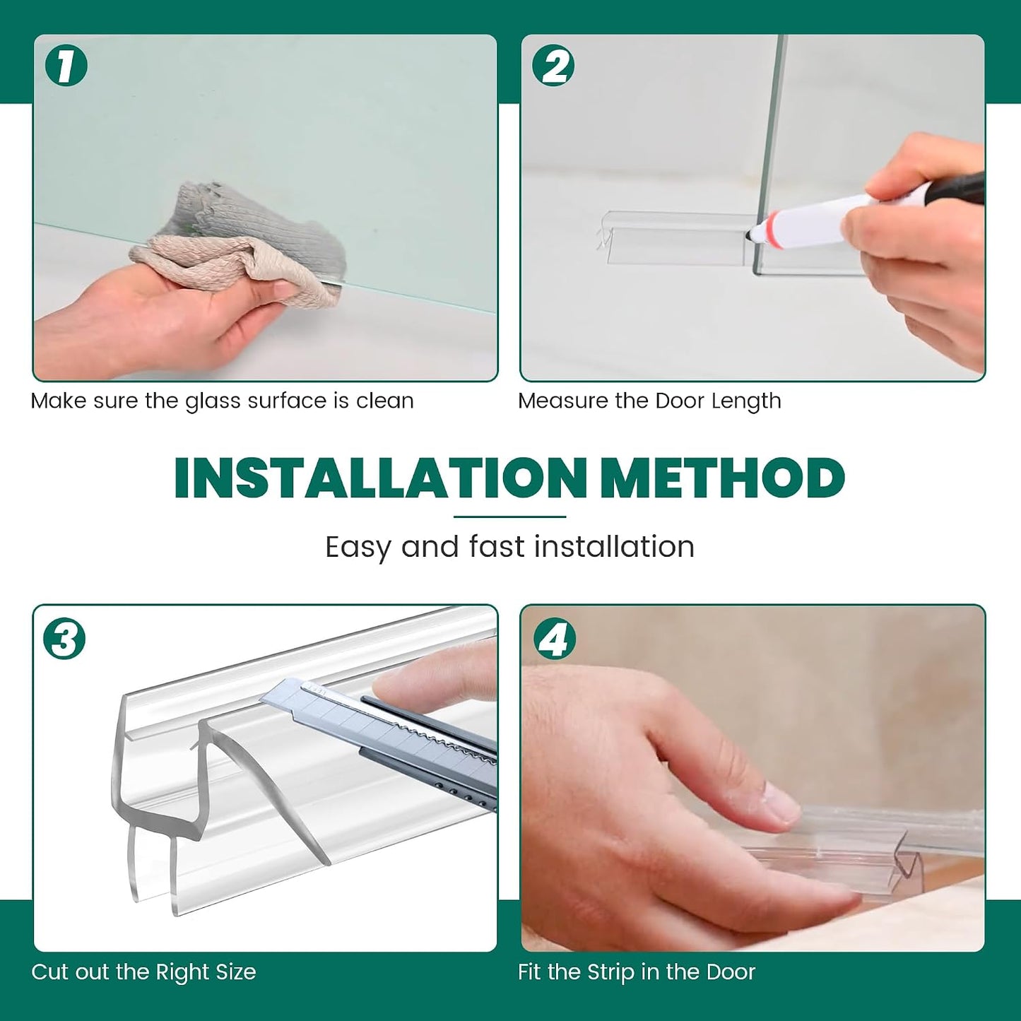 2 PCS Shower Door Bottom Seal, 3/8” X 36” Frameless Shower Glass Door Seal Strip, Clear PVC Shower Door Sweep Stop Shower Leaks, Shower Seal for 3/8 Inch (10mm) Glass