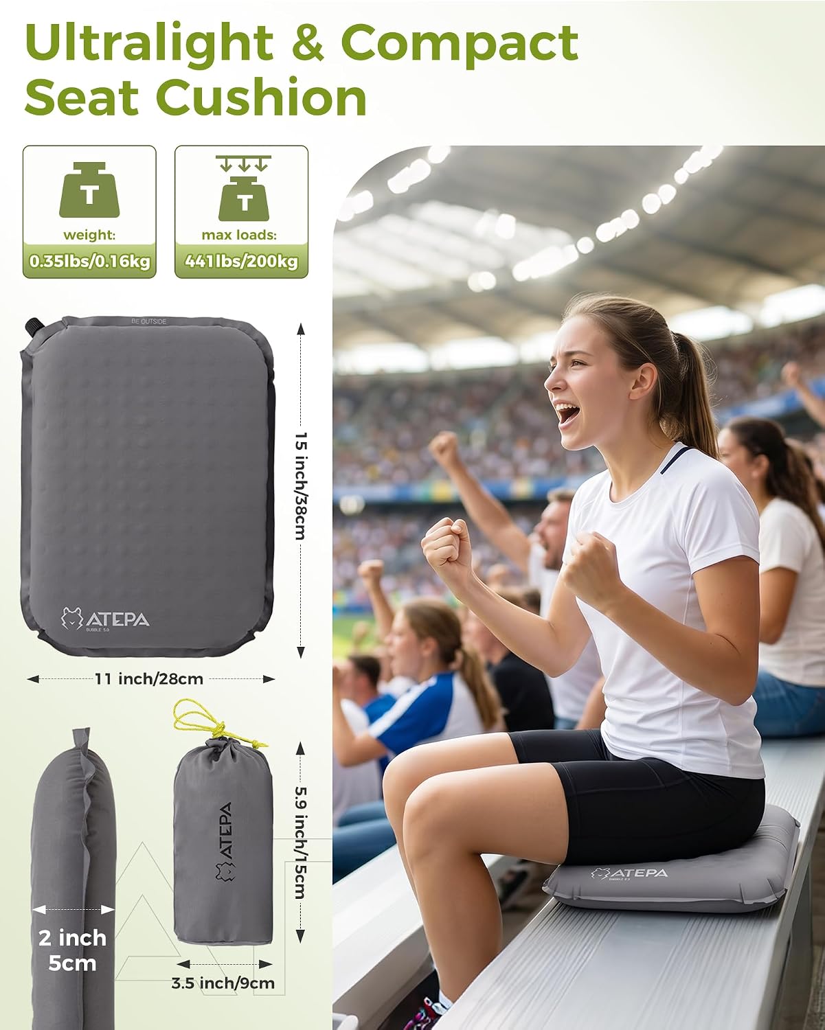 ATEPA Inflatable Seat Cushion | 2" & 2.5" foam core seat pad, Self inflating, Compact, Stadium, Airplane, Travel, Camping, Hiking, Sports events