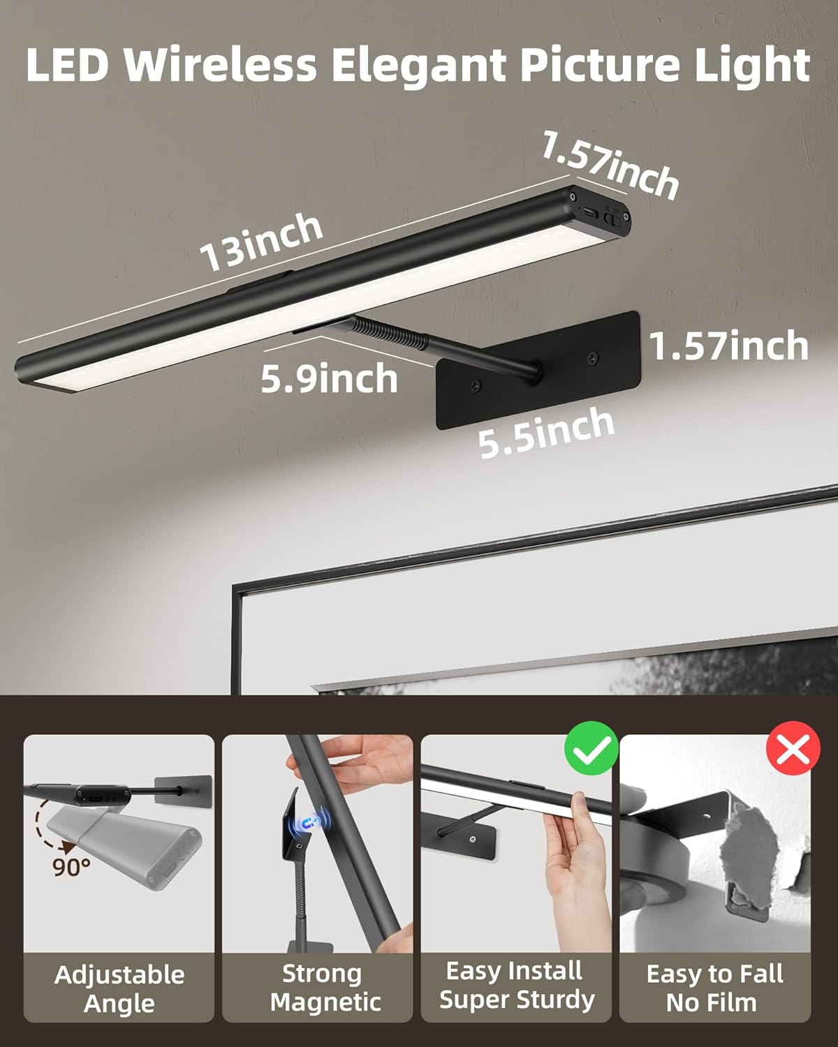 EZVALO Picture Light for Wall, 4800mAh Rechargeable Wireless Gold Light with IR Remote, Dimmable Magnetic LED Art Display Light with 3 Color Temperatures, for Gallery, Living Room, Bedroom(2Pack)