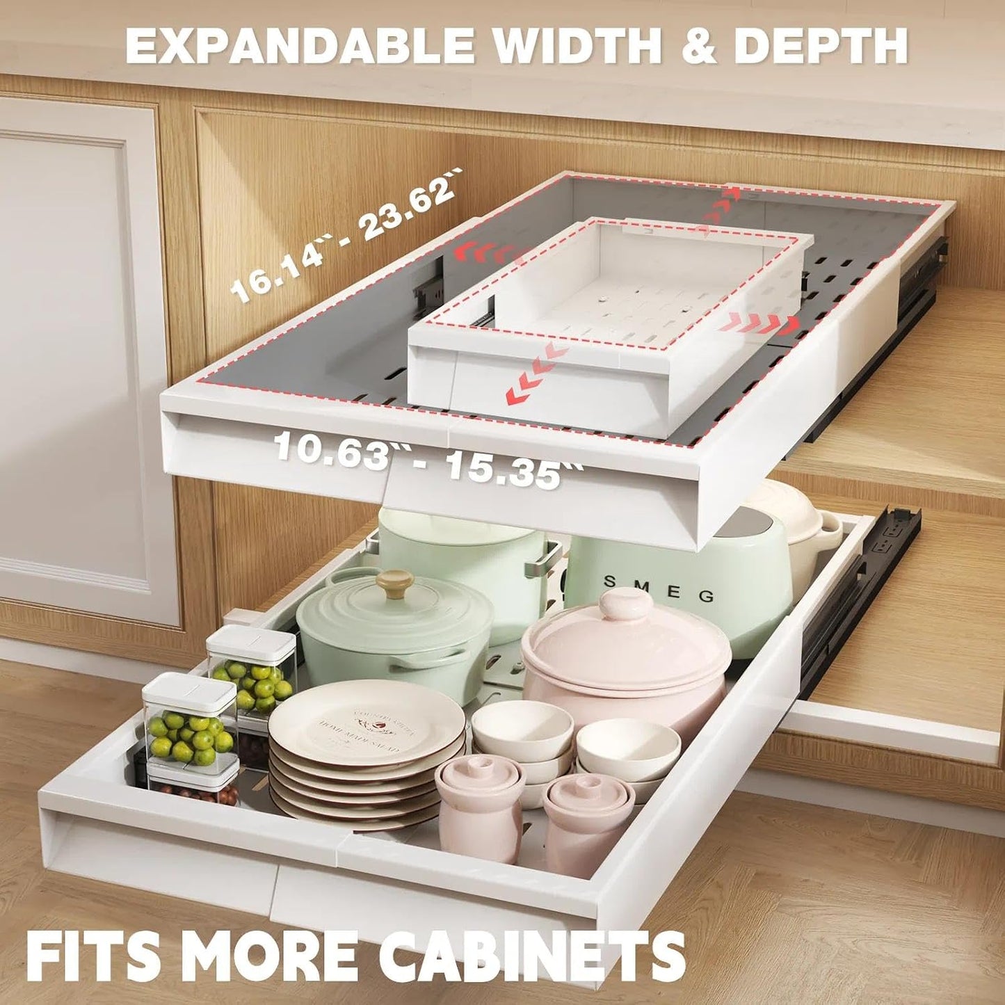 Seinloes Pull Out Cabinet Organizer, 4-Side Expandable to Fit Most Cabinets, 3 Rail Slide Out Drawers with Raising Pad for Framed & Frameless Cabinets, 13"-21" W x 17"-24" D, White, 2 Pack