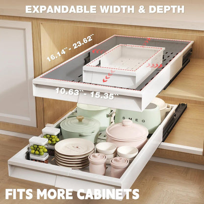 Seinloes Pull Out Cabinet Organizer, 4-Side Expandable to Fit Most Cabinets, 3 Rail Slide Out Drawers with Raising Pad for Framed & Frameless Cabinets, 13"-21" W x 17"-24" D, White, 2 Pack