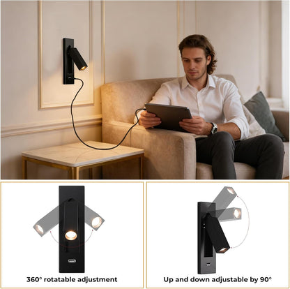 Wall Mounted Reading Light with USB, LED Bedside Reading Light with Switch, Adjustable Recessed Headboard Reading Lights Wall Sconce for Reading, Hardwired Reading Spotlight for Bedroom (Black)