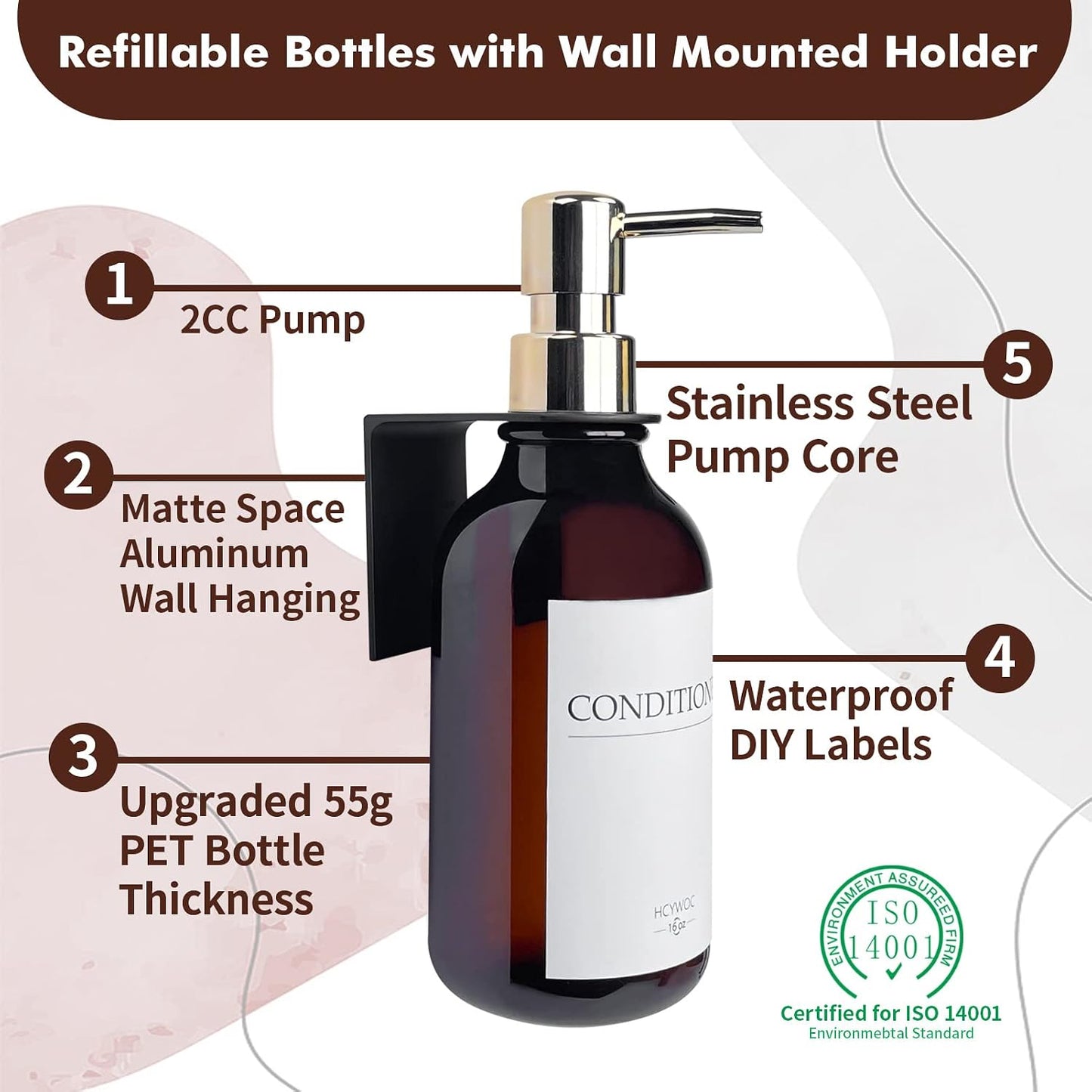 3 Pack Wall Mount Shower Dispenser, No Drill, 16 Waterproof Labels | Shampoo Dispenser for Shower Wall, Shampoo and Conditioner Dispenser, Bathroom, 17oz, Gold Amber