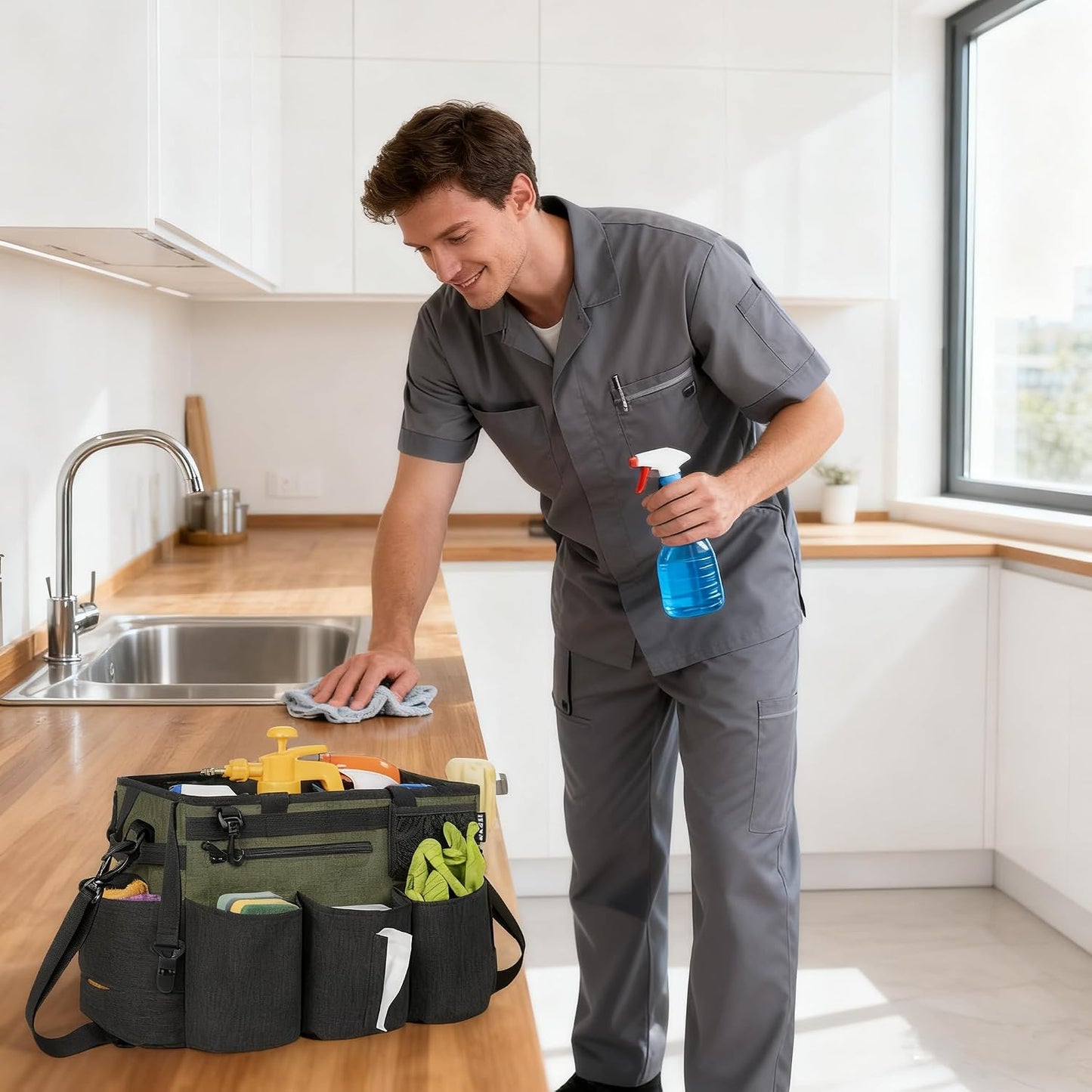 IBVIVIC Wearable Cleaning Caddy Bag for Cleaning Supplies, Black | Cleaning Organizer Tote Bag with Handle & Shoulder Straps Kitchen Cleaning Supplies Storage Bag for Cleaners & Housekeepers