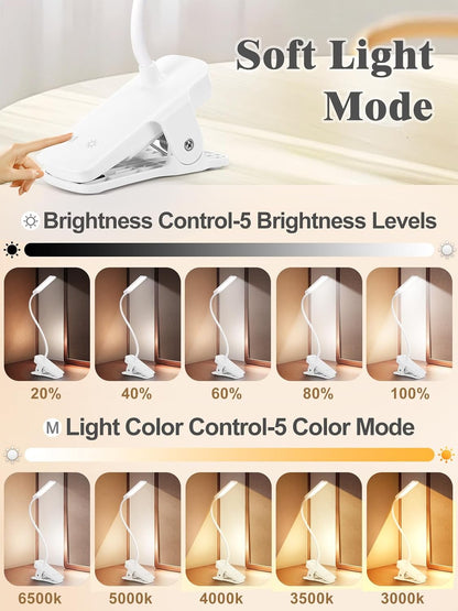 Eye Caring Clip on LED Bed Light 5 Color 5 Brightness Rechargeable Wireless | Flexible Neck Desk Lamp for College Dorm Essentials Reading