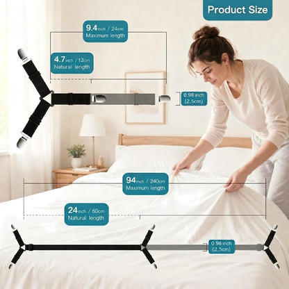 2 Pack Bed Sheet Straps Adjustable Criss - Cross Sheet Holders for Corners Heavy Duty Bed Sheet Clips Fasteners Keep Sheets in Place on Mattress Black