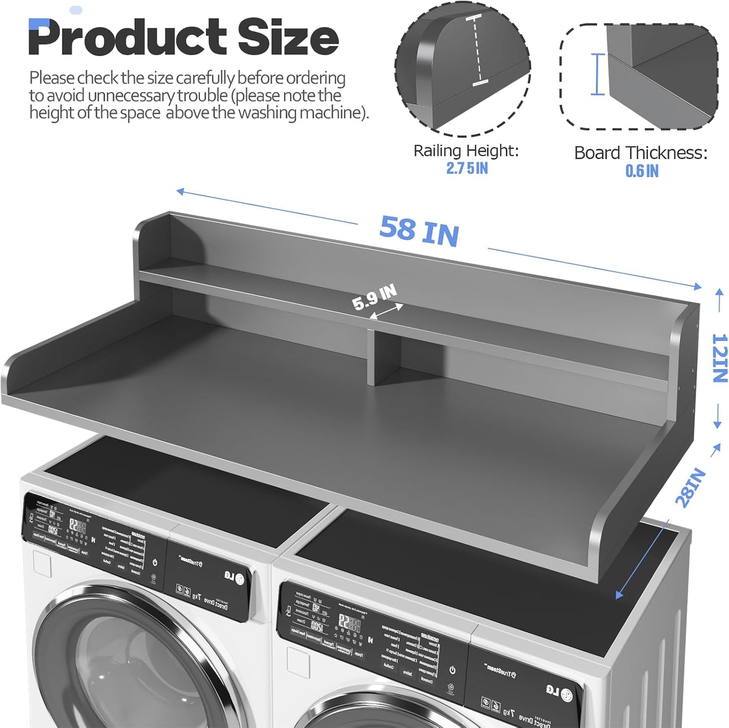 2-Tier Washer and Dryer Countertop with 2.75" H Guard,54" W x 27.5" D Laundry Countertop Cover with Non-Slip Pad,Large Space Laundry Topper for Folding Clothes Over Washer and Dryer-White