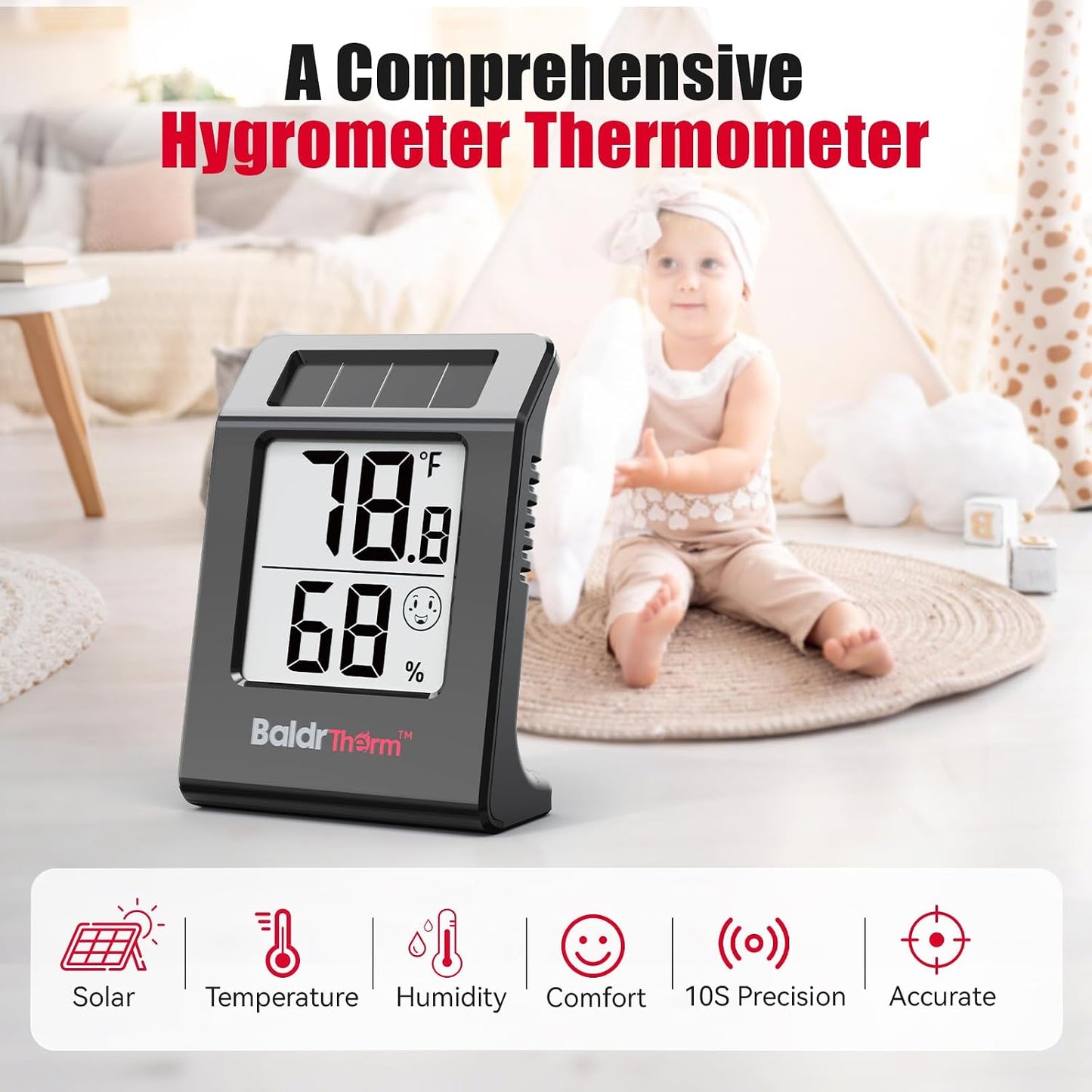 2.2'' Digital Thermometer and Hygrometer Meter, Solar-Powered Indoor Temperature Sensor Humidity Monitor, Humidity Gauge for Baby Rooms, Bedrooms, Home, Office, and Wine Cellars, White, 2Pack