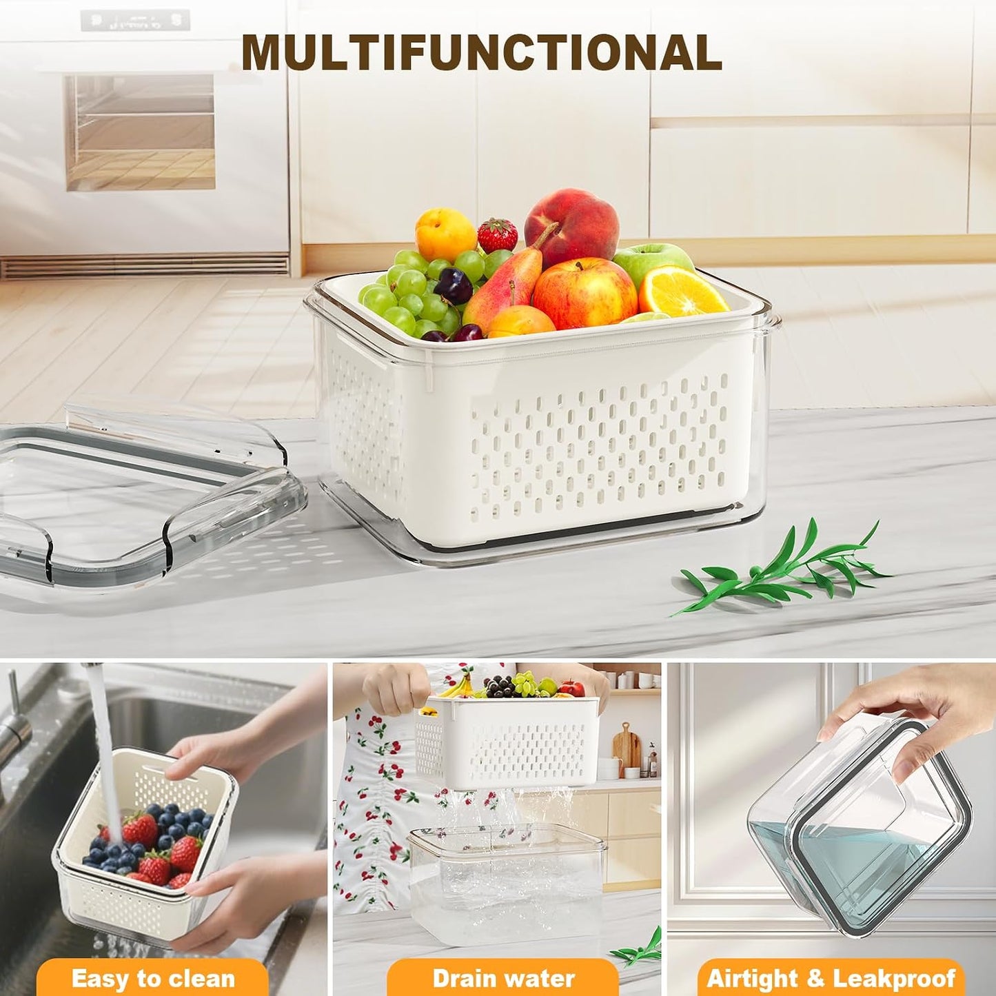 Dayacoco Fruit Storage Containers for Fridge 4 Pcs with Drain Basket | Fridge organizers & storage - 4 fruit containers w/ drain baskets, BPA-free PP, leak-proof seal, stackable, DW/MW safe.
