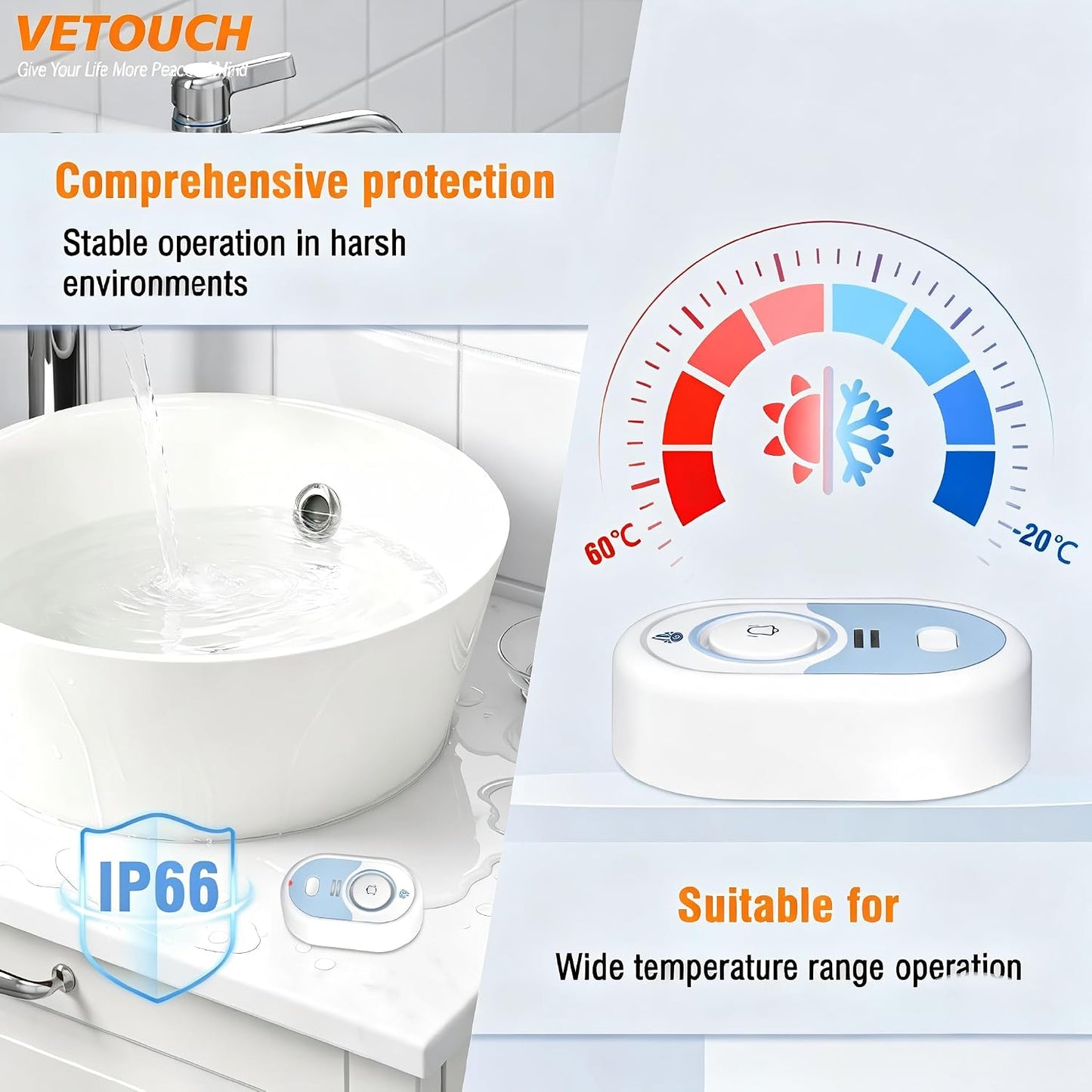 Water Leak Detector with Loud Alarm, 100dB Siren & LED Flash, Water Sensor Alarm for Home, Basement, Sump Pump, Kitchen, Bathroom, RV, Water Heater, Indoor Outdoor 5-Pack