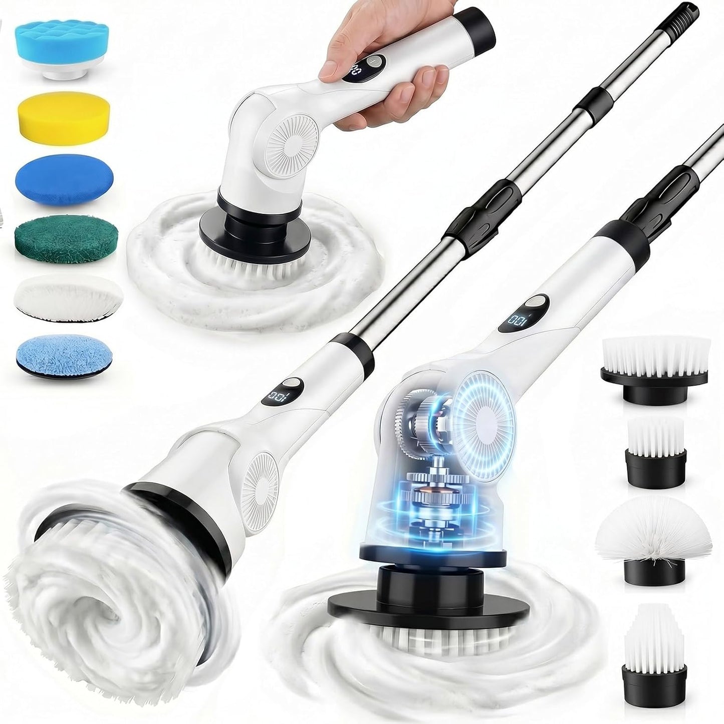 Electric Spin Scrubber, 3-Speed Shower Scrubber with Long Handle & 10 Replaceable Brush Heads, Cordless Full-Body IPX7 Waterproof Shower Cleaner Brush with 90 Mins Runtime for Bathroom