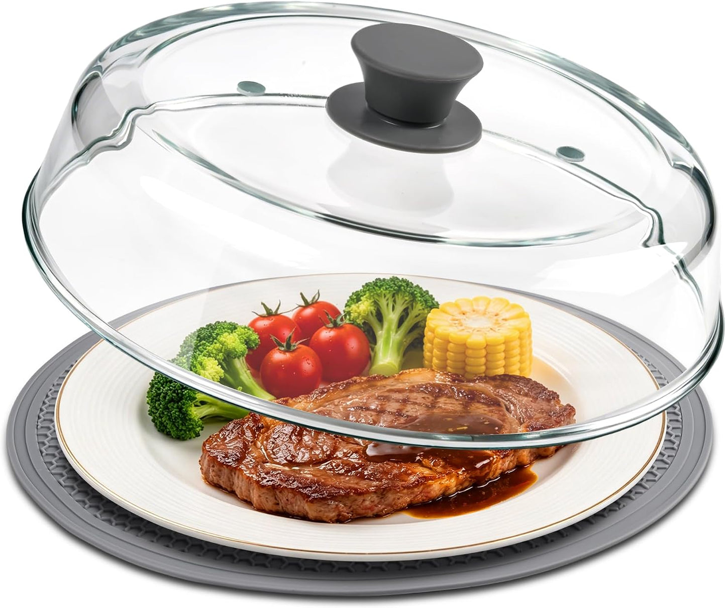 10inch Glass Microwave Splatter Cover for Food with Silicone Mat – Heat Resistant Plate Splatter Guard Lid with Vent Holes & Easy-Grip Handle – BPA Free, Dishwasher Safe