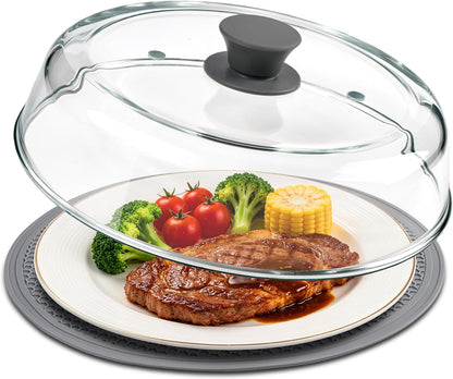 10inch Glass Microwave Splatter Cover for Food with Silicone Mat – Heat Resistant Plate Splatter Guard Lid with Vent Holes & Easy-Grip Handle – BPA Free, Dishwasher Safe