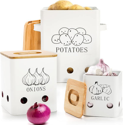 WUWEOT 3 Pack Vegetable Storage Tins, Metal Onion Garlic Potato Jars Set, Kitchen Canisters Vegetable Keeper Containers with Aerating Holes and Wooden Lid