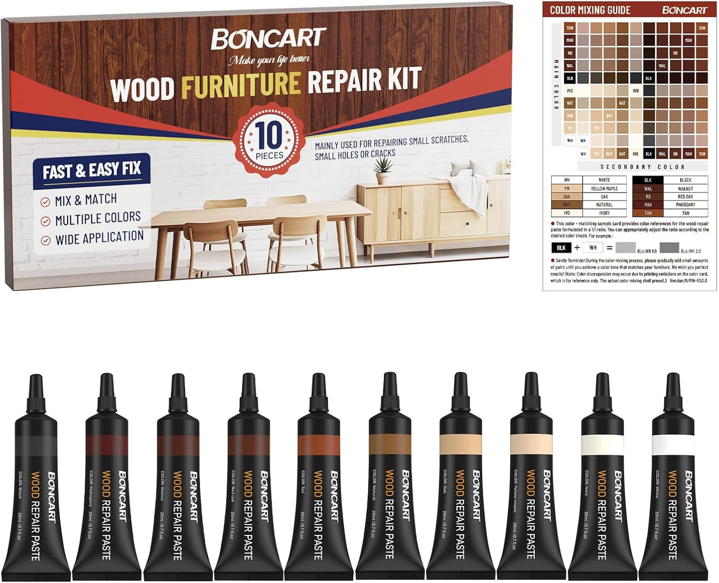 Boncart Wood Furniture Repair Kit, Wood Touch up Fillers | Repair Scratches, Cracks, Paint Chips, and Nail Holes on Furniture, Floors, Doors, Cabinets, and Tables (10 Colors)