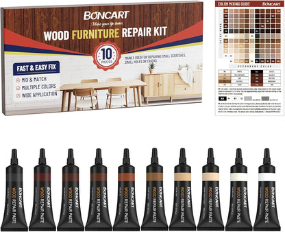 Boncart Wood Furniture Repair Kit, Wood Touch up Fillers | Repair Scratches, Cracks, Paint Chips, and Nail Holes on Furniture, Floors, Doors, Cabinets, and Tables (10 Colors)