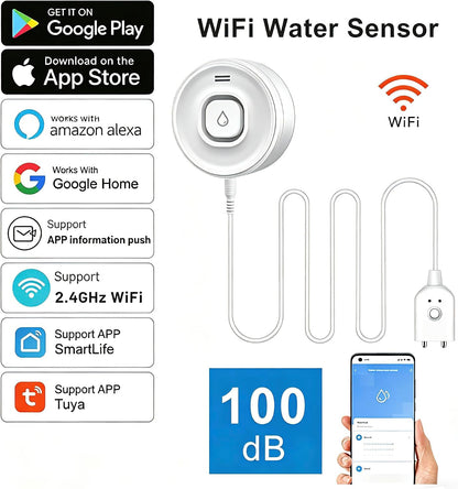 Wi-Fi Water Leak Detector, 100dB Adjustable Audio Alarm Sensor, Sensitive Leak & Drip Alert with Remote Email & APP Notification, for Home and Basement 2PCS
