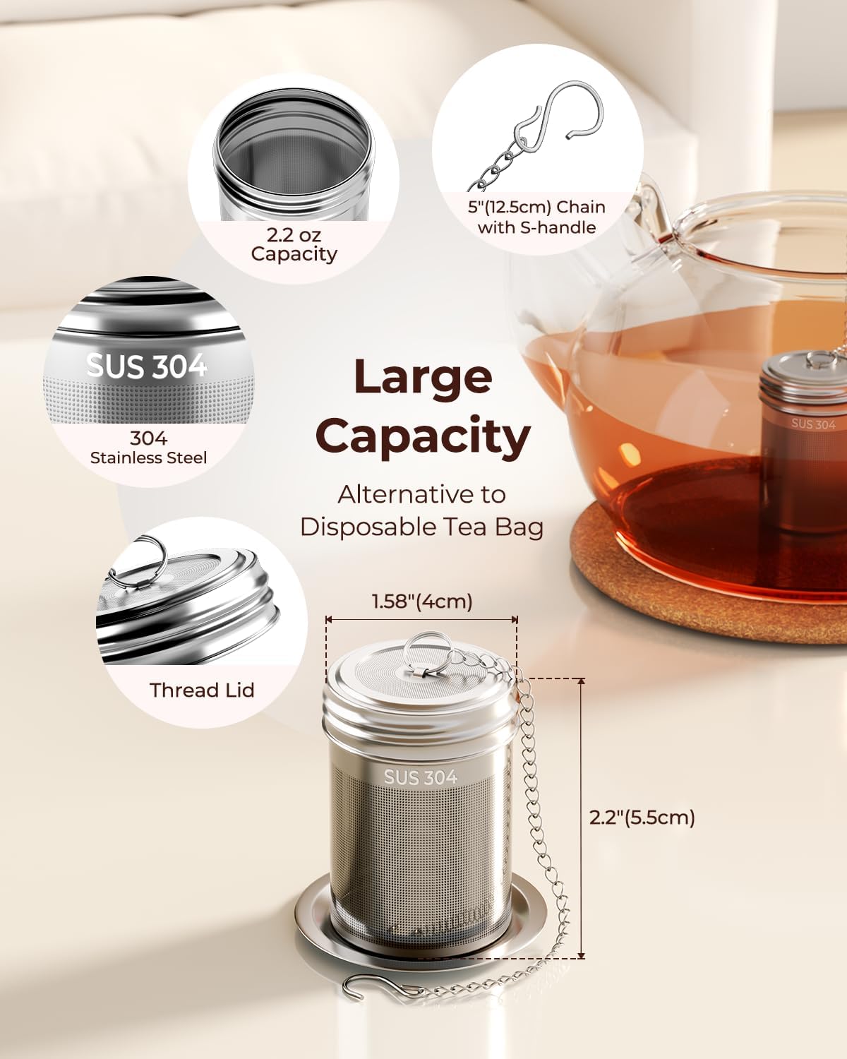 2 Pack Reinmoson 304 Stainless Steel Tea Infuser for Loose Leaf Tea | 1.58” x 2.2” Extra Fine Mesh Tea Strainers Ball, Threaded Lid, Loose Leaf Tea Steeper for Black Tea, Rooibos, etc