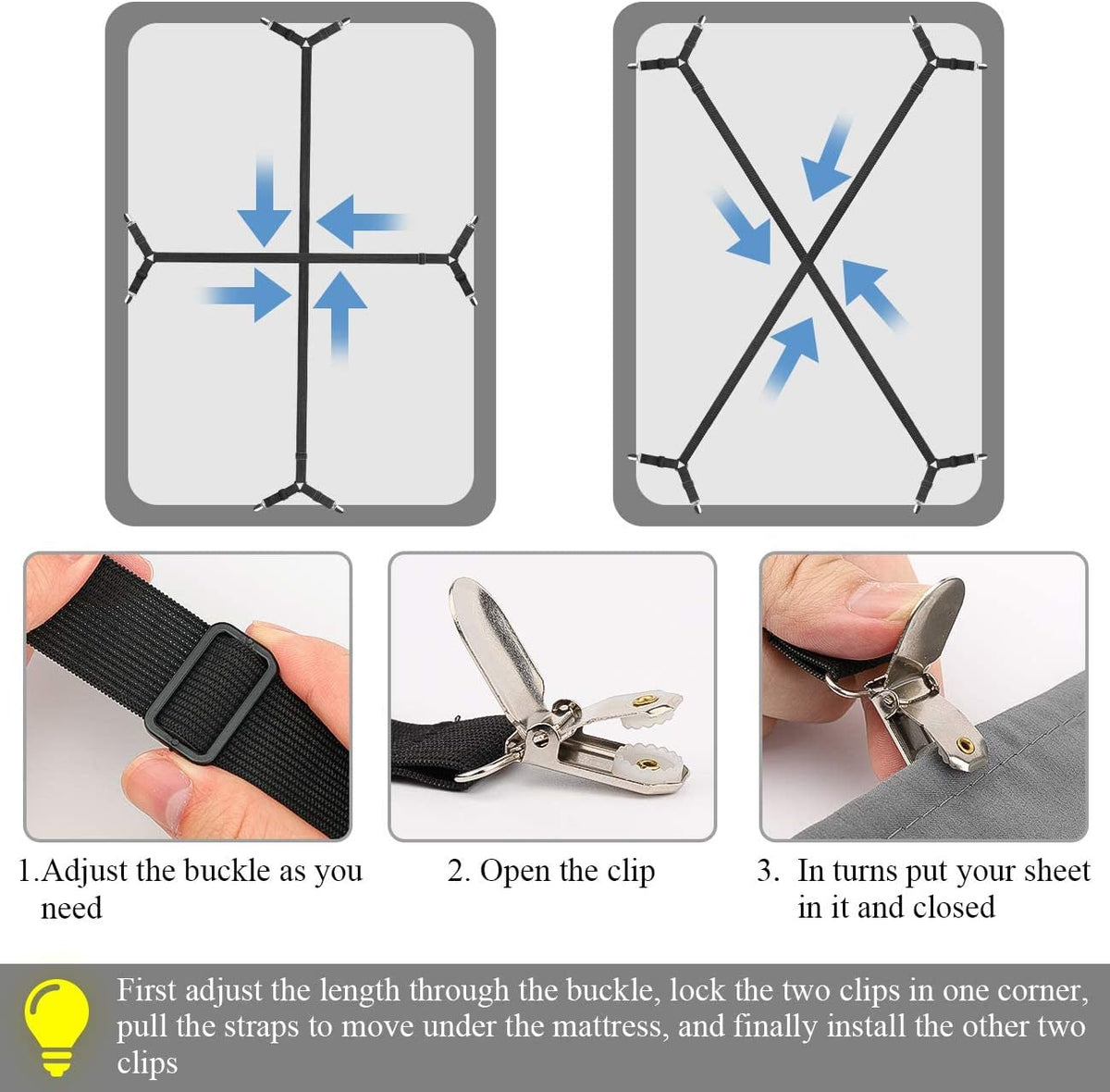 ZHOUBIN Sheet Suspenders Clips, Bed Sheet Straps Mattress Sheet Holders for Twin, Full, Queen, King - Keep Sheets in Place Corner Sheet Grippers Fasteners Sheet Stays