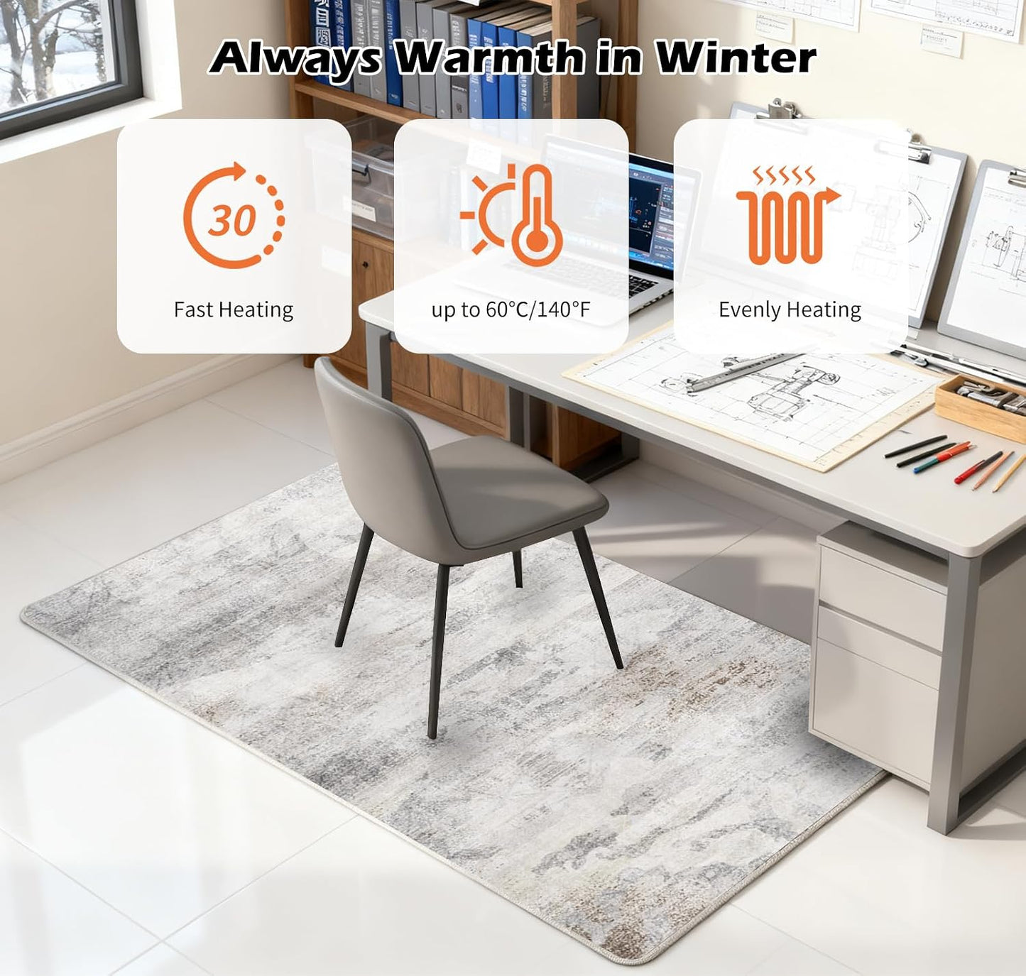 Electric Heated Carpet 35x55in Soft Plush Heating Rug 450W CX | Instant Warmth in 30s, 60 Heat Levels 12h Timer, Energy Efficient Safety Protection Ideal for Home Office Playroom 120V