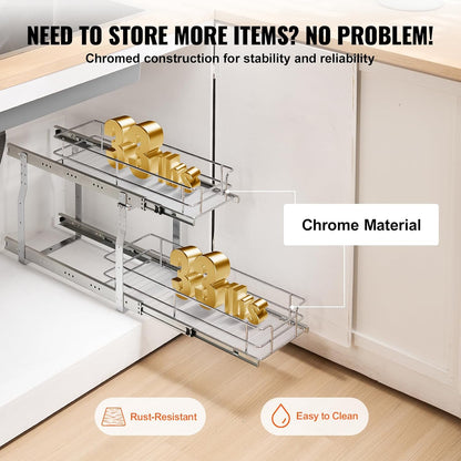 VEVOR Pull Out Cabinet Organizer, 14" Wx21.2 Dx15.2 H Heavy 2 Tier Duty Slide Out Pantry Shelves, Chrome-Plated Steel Roll Out Drawer for Under Sink, 15.5" Wx22.5 Dx19 H Install Size for Cabinet