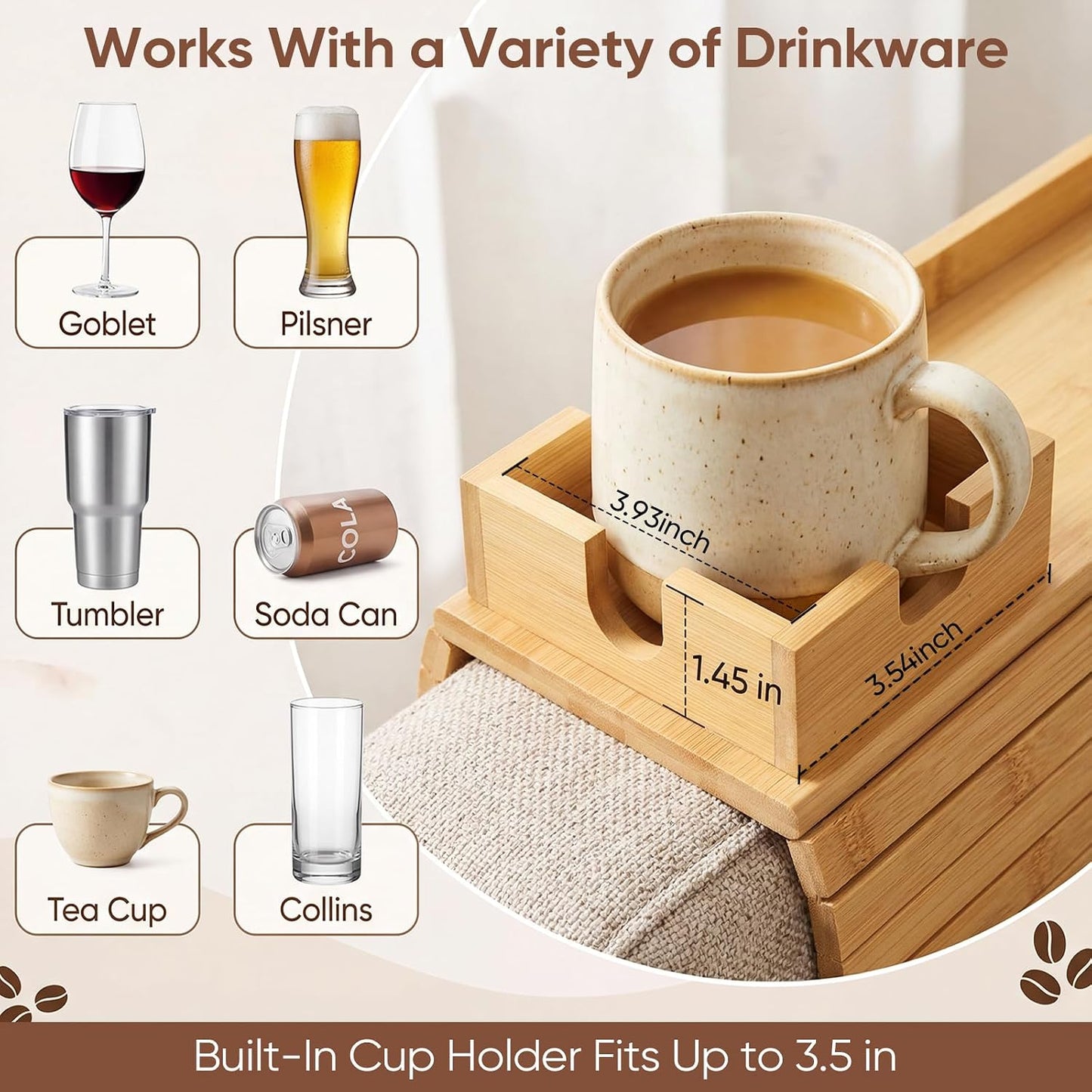 Bamboo Couch Arm Tray Table with Built-in Cup Holder, Foldable Anti-Slip Sofa Armrest Table for Drinks, Phone & Remote, Fits 4.7–16.9 in Armrests, Holds Cups up to 3.5 in Diameter (Bamboo)