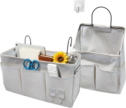 White Bedside Caddy Wall Bag for Dorm Bunk Hospital Beds, Stores Phone Books Glasses