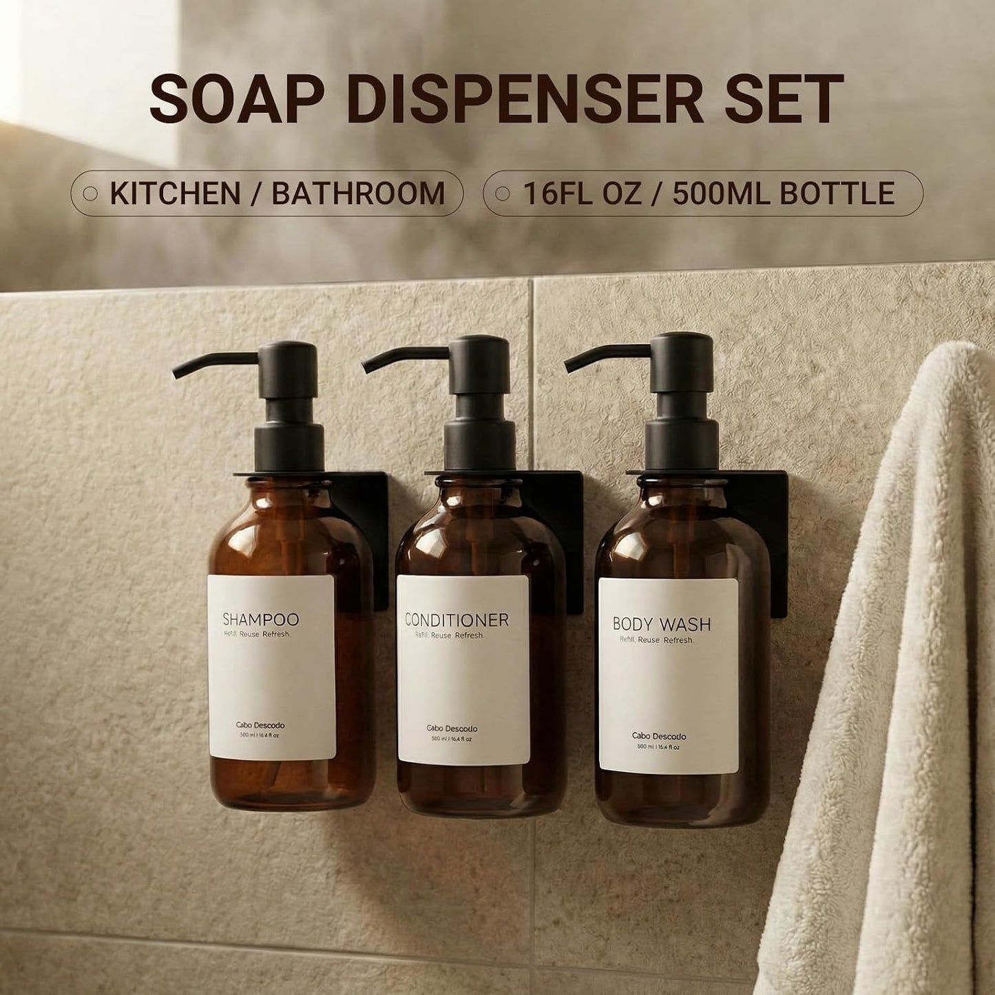 Shampoo and Conditioner Dispenser - Shower Soap Dispenser 3 Chamber No Drill - Bathroom Soap Dispenser Wall Mount Adhesive - Clear PET Bottles with Nature Bamboo Pumps Set Refillable 1500ml