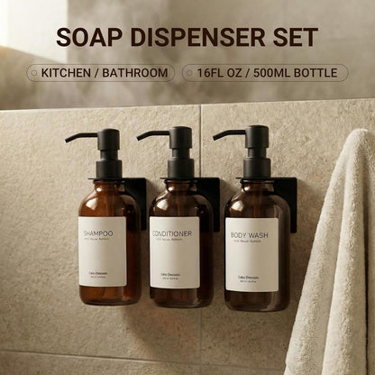 Shampoo and Conditioner Dispenser - Shower Soap Dispenser 3 Chamber No Drill - Bathroom Soap Dispenser Wall Mount Adhesive - Clear PET Bottles with Nature Bamboo Pumps Set Refillable 1500ml
