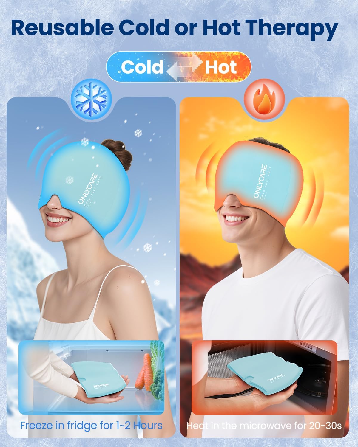 ONLYCARE Migraine Relief Cap, Headache Relief Cold Cap with Odorless Gel | Cooling Hat Head Wrap Soothing Face Ice Pack Mask Products for Tension Stress Hangover & Puffy Eyes, Relaxing Gifts for Women