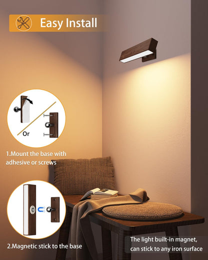 Rechargeable Wood Wall Lights with Remote & Touch, 5200mAh Battery Operated Wall Sconce 3 Color Temperatures & RGB. Magnetic, Stick-On, Dimmable Wall Reading Lamp for Bedroom, Living Room, Picture