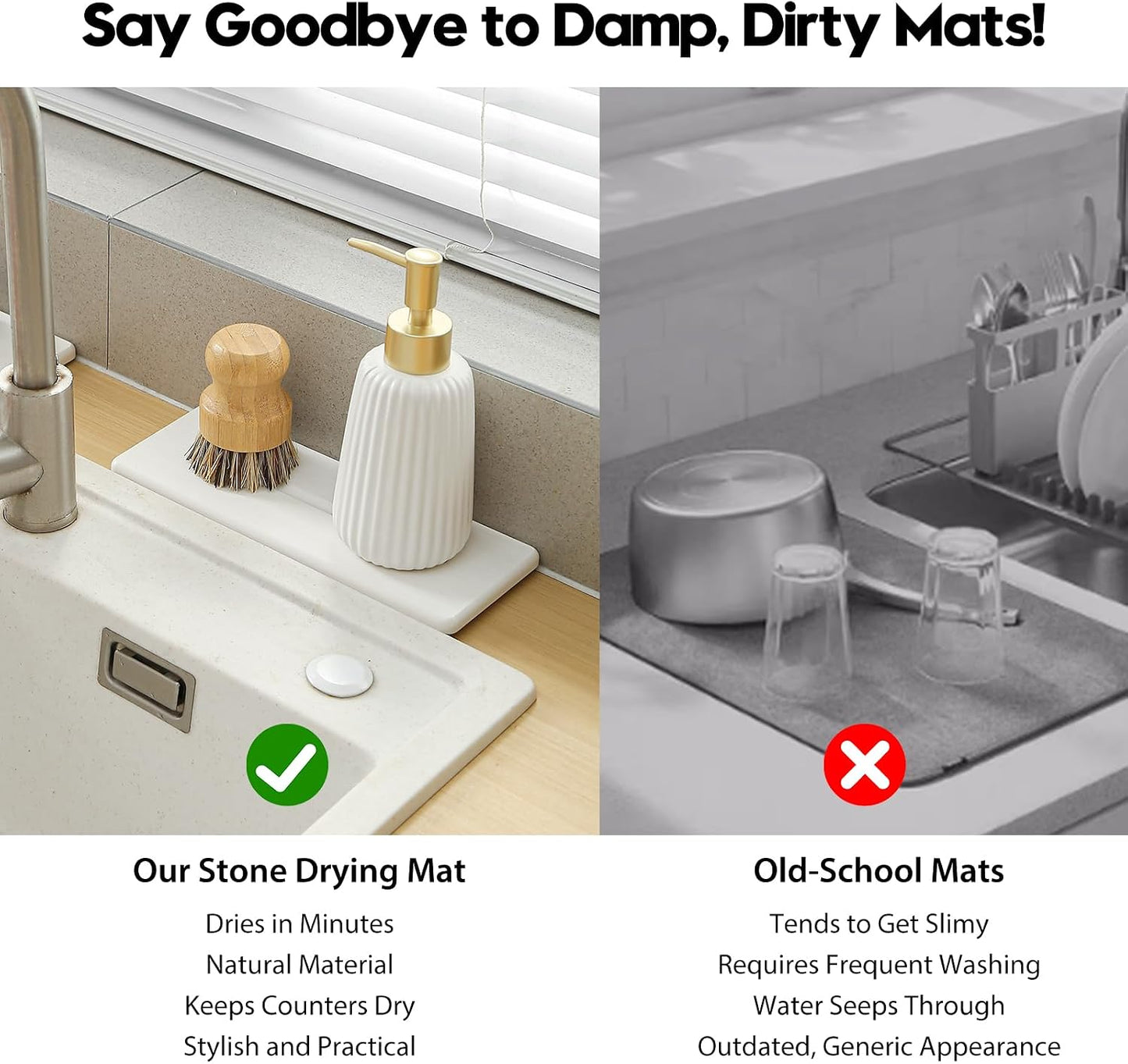 3 Pack Water Absorbent Diatomite Coasters, Stone Drying Mat for Kitchen Counter, Bathroom Sink Organizer Tray, Compact Vanity Rack, Soap Holder Caddy, Faucet Splash Guard, White 8"x3.8"