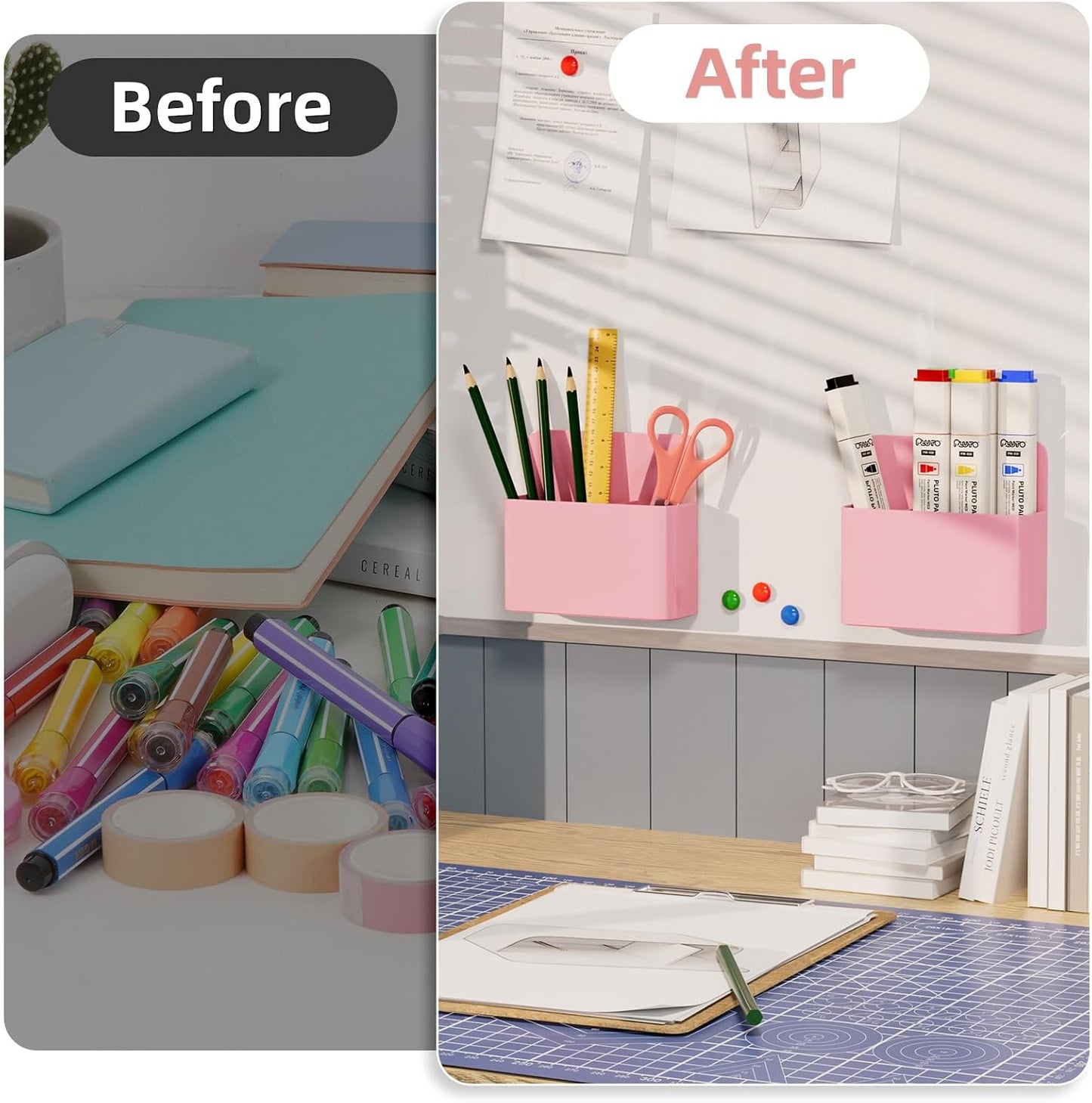 Marbrasse Magnetic Dry Erase Marker Holder,Pen and Eraser Holder for Whiteboard，Magnet Pencil Cup Utility Storage Organizer for Office, Refrigerator, Locker and Metal Cabinets (2 Pack)